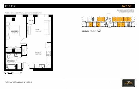 Floor plan for 1 bed, 1 bath, 622 sqft
